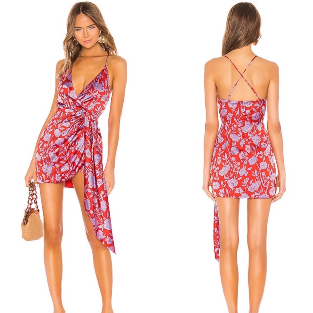 Lovers & Friends Kamala Mini Side Sash Dress in Red & Purple Floral Small